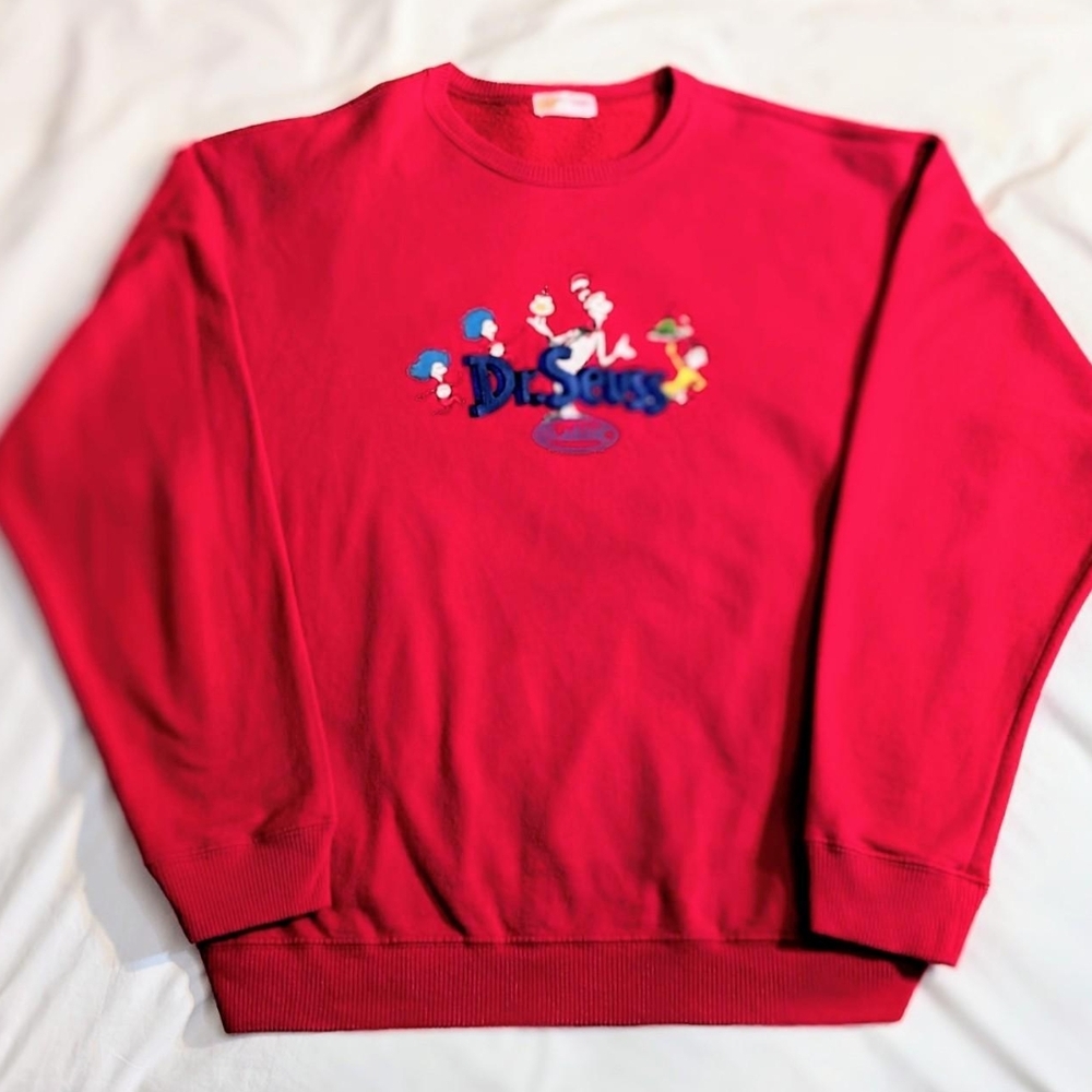 (L) Vintage Dr. Seuss Men's Crewneck Sweatshirt with Characters and Retro Logo